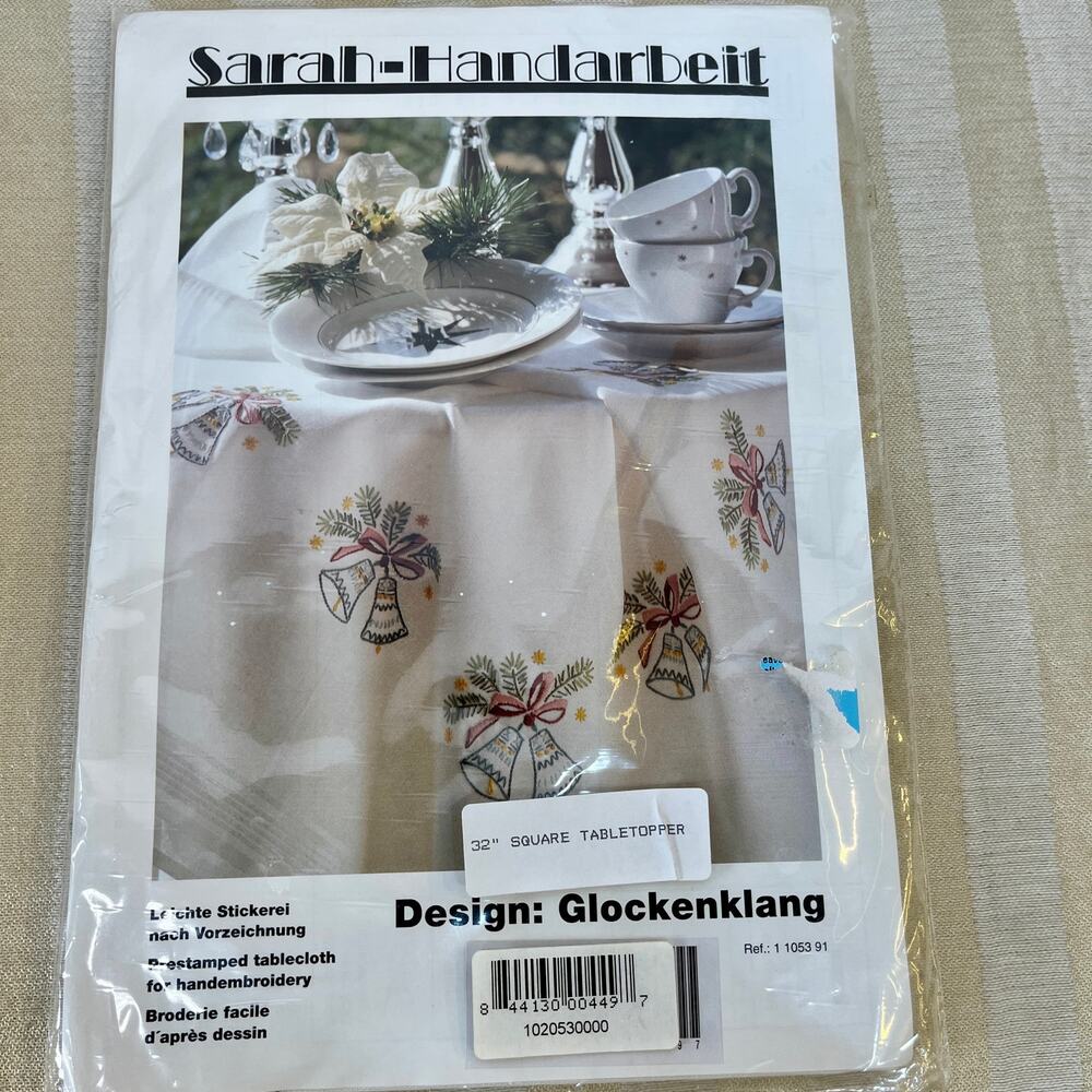 Christmas Bells Embroidery Kit Stamped 32" Square White Tablecloth Complete